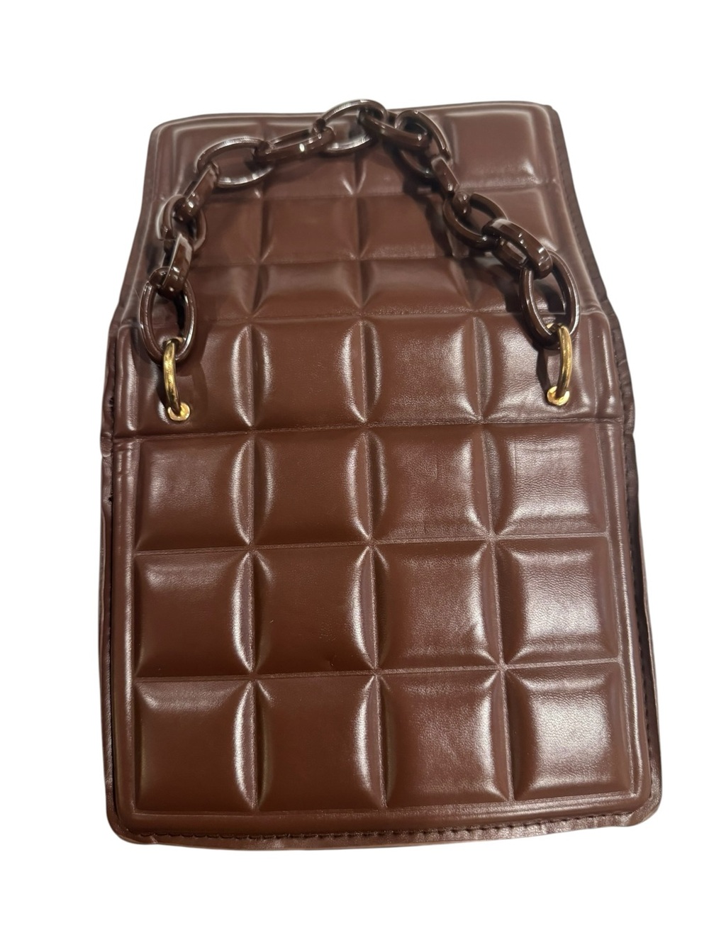 Quilted Padded Shoulder Bag Brown Faux Leather Resin Chain Strap Gold Hardware - Picture 4 of 4